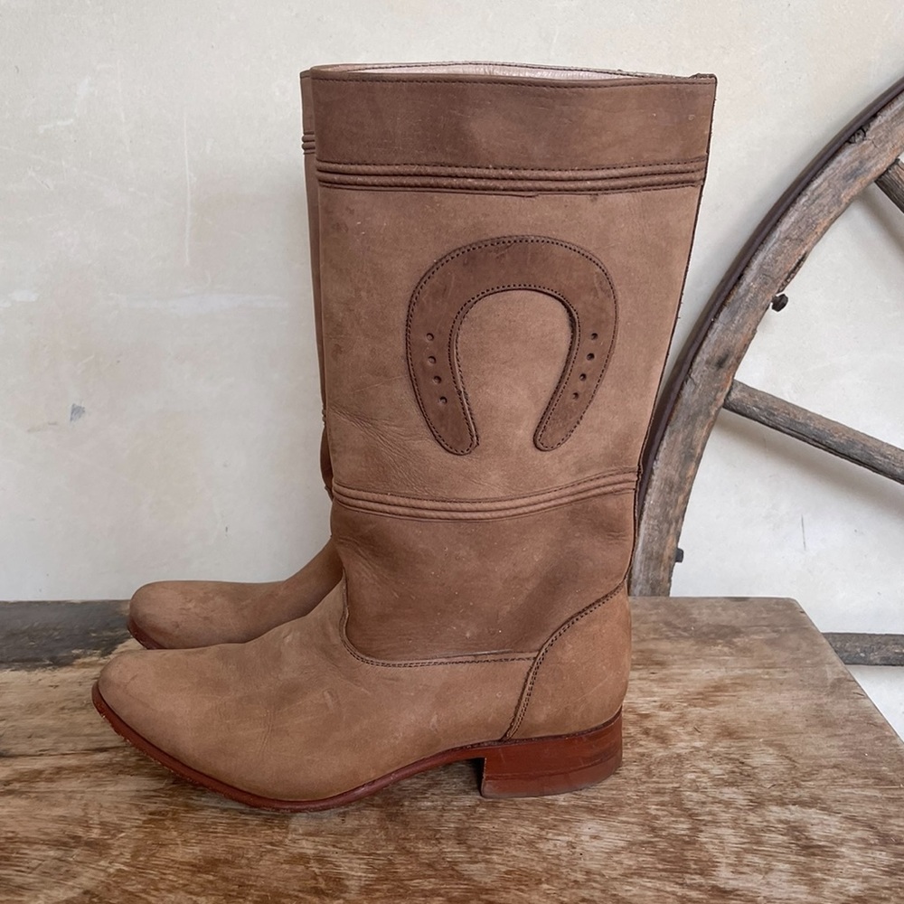 COWBOY WESTERN BOOTS Handmade in Mexico Tan Soft Brushed Leather Horse Shoe 9M